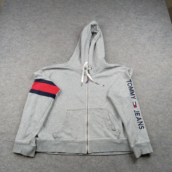 Tommy Jeans Other - Tommy Jeans Hoodie Mens Large Gray Full Zip Fleece Sweatshirt Logo Stripe Sleeve